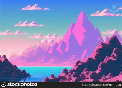 Calm and relaxing landscape with mountains in vaporwave style. Pink and blue view in 90s style. Generated AI. Calm and relaxing landscape with mountains in vaporwave style. Pink and blue view in 90s style. Generated AI.