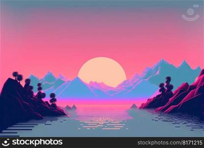 Calm and relaxing landscape with mountains in vaporwave style. Pink and blue view in 90s style. Generated AI. Calm and relaxing landscape with mountains in vaporwave style. Pink and blue view in 90s style. Generated AI.