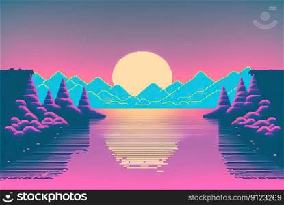 Calm and relaxing landscape  with mountains in vaporwave style. Pink and blue view in 90s style. Generated AI