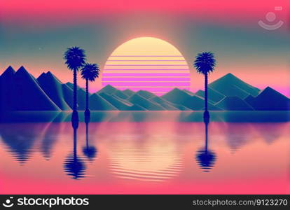 Calm and relaxing landscape  with mountains in vaporwave style. Pink and blue view in 90s style. Generated AI