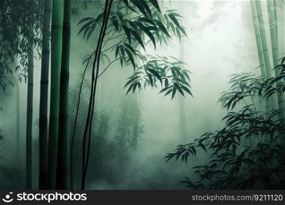 calm and serene bamboo forest with misty air, created with generative ai. calm and serene bamboo forest with misty air
