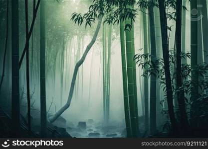 calm and serene bamboo forest with misty air, created with generative ai. calm and serene bamboo forest with misty air