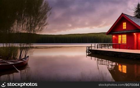 Calm evening atmosphere on a lake with smooth water surface, on which an illuminated wooden house is gently reflected, made with generative AI