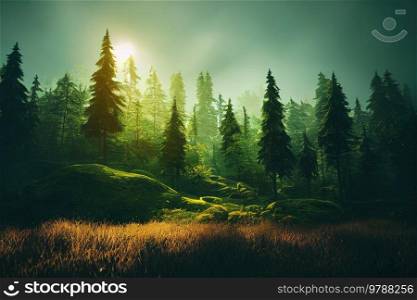 Calm green forest natural background with moss and trees. Calm green forest