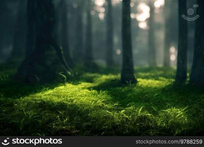 Calm green forest natural background with moss and trees. Calm green forest