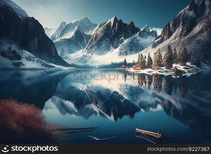 Calm lake and winter mountain peaks in wonderful illustration. AI generative.