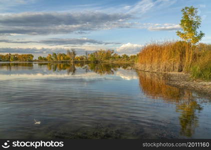 calm lake at sunset in one of Fort Collins natural areas in northern Colorado, fall scenery