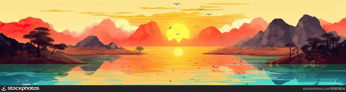 Calm lake water during the sunset. Amazing colours. Generative AI