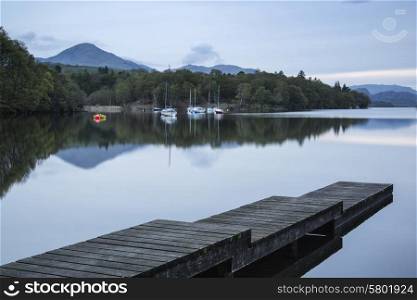 Calm moody evening landscape over Coniston Water in Lake District