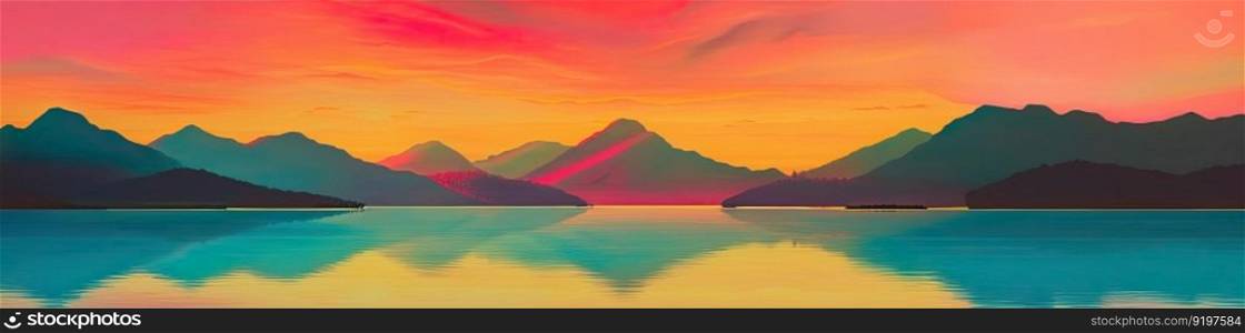Calm sea or lake water during the sunset. Amazing colours. Generative AI