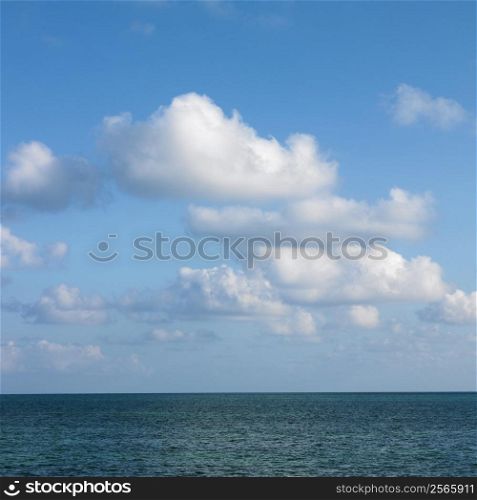 Calm water and blue sky with white puffy clouds in Florida Keys, Florida, USA.