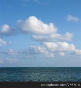 Calm water and blue sky with white puffy clouds in Florida Keys, Florida, USA.