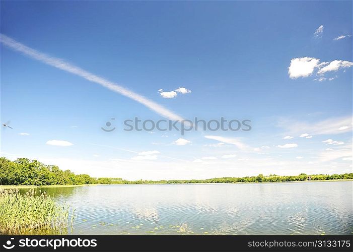 calm water of lake, woods on other side and blue sky. landscape