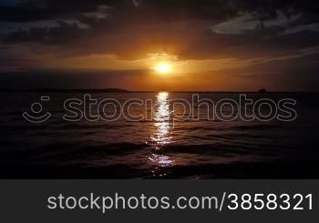 Calm water surface and cloudy sky on sunset