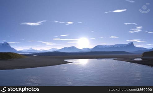 Calm water surface of the ocean. Rocks standing in the midst of water. Over the horizon the sun rises. Scattered clouds slowly float and are reflected in the water.