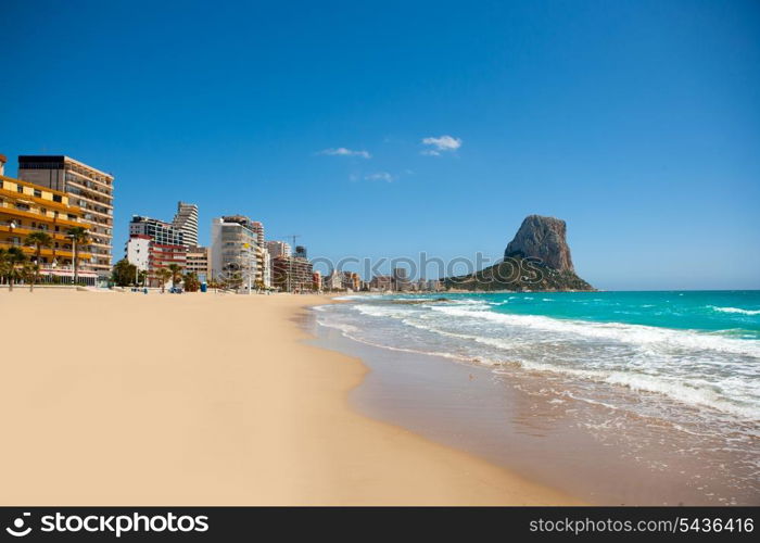 Calpe Alicante Arenal Bol beach with Penon de Ifach mountain in Mediterranean sea of Spain