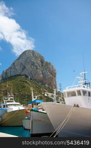 Calpe Alicante fisherboats with Penon de Ifach in Mediterranean Spain