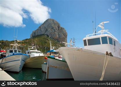 Calpe Alicante fisherboats with Penon de Ifach in Mediterranean Spain