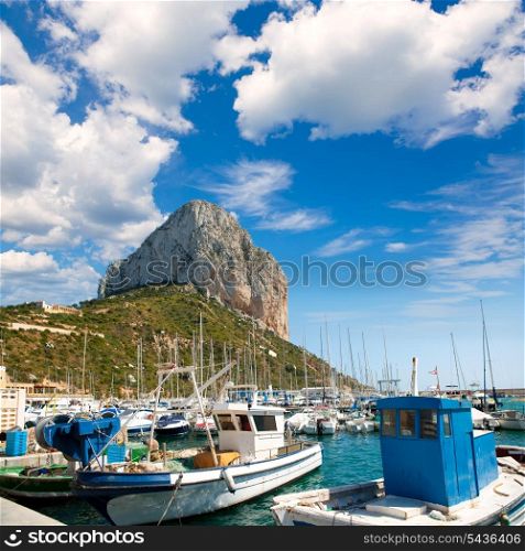 Calpe Alicante marina boats with Penon de Ifach mountain in Mediterranean sea of Spain