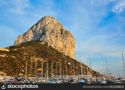 Calpe Penon de Ifach rock in Mediterranean with marina at spain