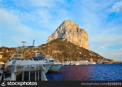 Calpe Penon de Ifach rock in Mediterranean with marina at spain