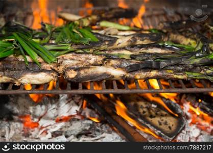 Calsots barbecue, typical traditional Mediterranean food