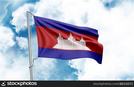 Cambodia flag waving on sky background. 3D Rendering