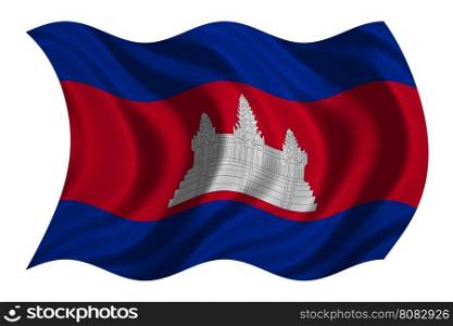 Cambodian national official flag. Patriotic symbol, banner, element, background. Correct colors. Flag of Cambodia with real detailed fabric texture wavy isolated on white, 3D illustration