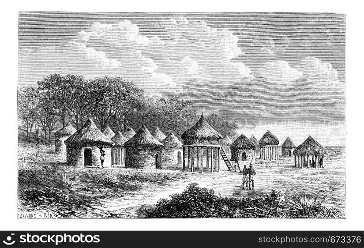 Cambouta Village, in Angola, Southern Africa, drawing by De Bar based on the English edition, vintage illustration. Le Tour du Monde, Travel Journal, 1881