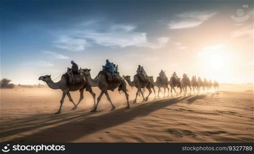 Camel caravan in the desert at sunrise AI generated image