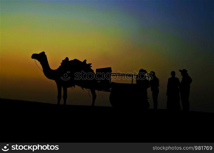 Camel cart silhouette at SAM dunes in Jaisalmer, Rajasthan, India. Camel cart silhouette, SAM dunes, Jaisalmer, Rajasthan, India
