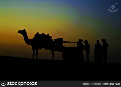 Camel cart silhouette at SAM dunes in Jaisalmer, Rajasthan, India. Camel cart silhouette, SAM dunes, Jaisalmer, Rajasthan, India