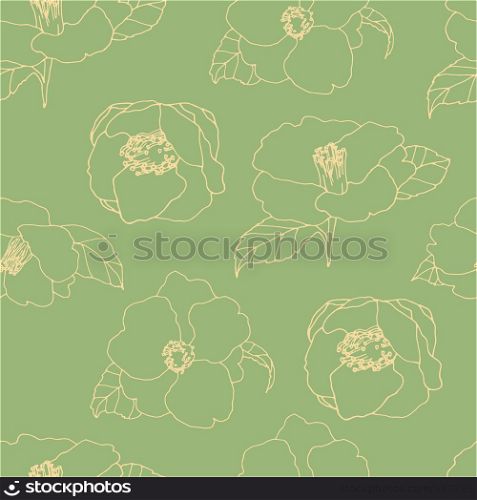 Camellia flower pattern hand drawn illustration. Line-art flower drawing. Blooming detailed flower. Elements for design. Floral background.