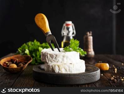 Camembert cheese. Round brie or camambert cheese. Selective focus