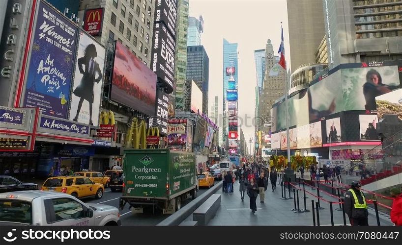 Camera flies over the sidewalk in New York City