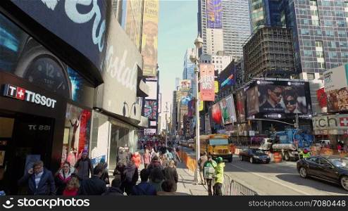 Camera glides over the sidewalk in New York City