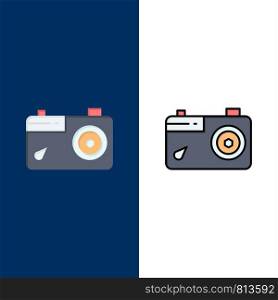 Camera, Image, Picture, Photo Icons. Flat and Line Filled Icon Set Vector Blue Background