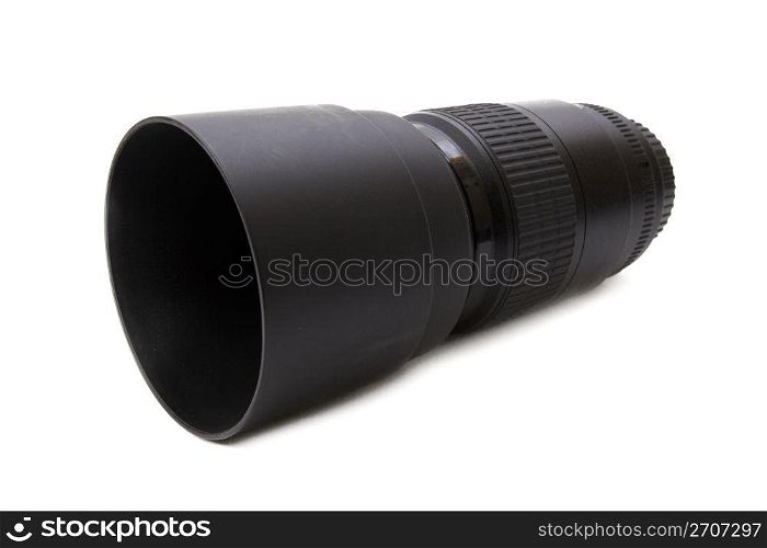 Camera lense with lense hood on white background