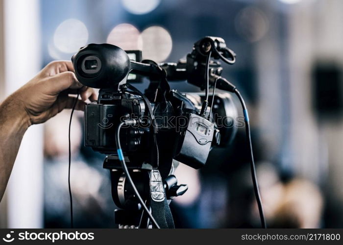 Camera recording at a press conference. Live streaming.. Camera Recording at a Press Conference.