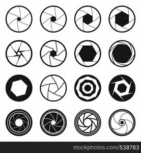 Camera shutter icons set in black simple style for any design. Camera shutter icons set, black simple style