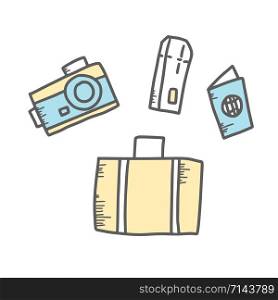 Camera, suitecase, passport and boarding-card. Set of travel symbols in doodle style. Hand drawn vector trip elements isolated on white background. Color illustration.