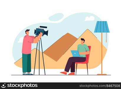 Cameraman shooting young man with laptop on chair. Video session of male freelancer on desert background flat vector illustration. Video recording concept for banner, website design, landing web page