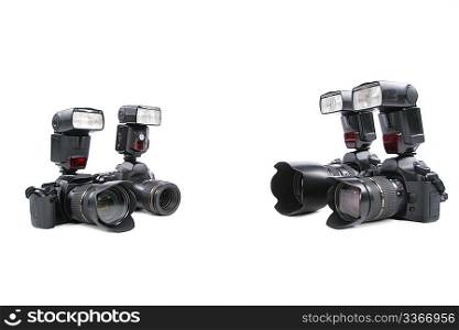 Cameras with flashes on white background