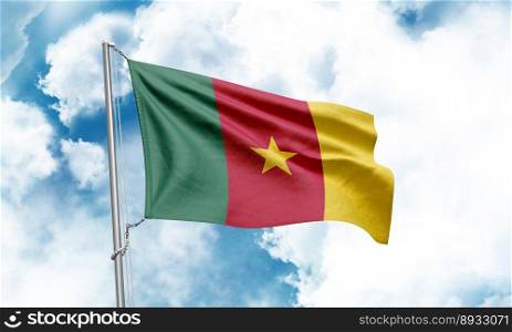 Cameroon flag waving on sky background. 3D Rendering