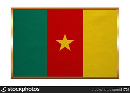 Cameroonian national official flag. African patriotic symbol, banner, element, background. Correct colors. Flag of Cameroon , golden frame, fabric texture, illustration. Accurate size, color