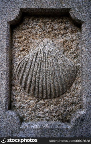 Camino Santiago stone shell sign in Combarro Way of Saint James at Galicia Spain