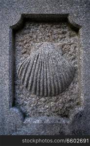 Camino Santiago stone shell sign in Combarro Way of Saint James Pontevedra Galicia Spain