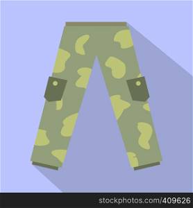 Camouflage trousers flat icon. Military cargo pants on purple background. Camouflage trousers flat icon