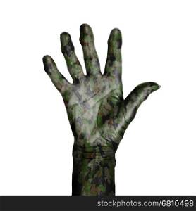 Camouflaged old hand isolated on a white background