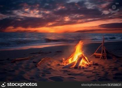 Camp fire on  beach  created by generative AI created by generative AI